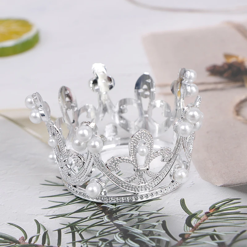 1PC Mini Crown Cake Topper Crystal Pearl Tiara Children Hair Ornaments