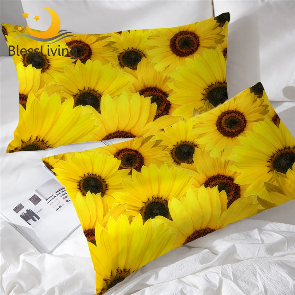 

BlessLiving Flowers Pillowcase Sunflower Blossoms Pillow Case 3D Print Bedding Nature Pillowcase Cover 2-Piece Kussensloop