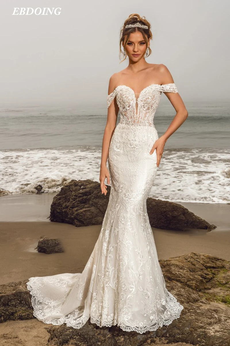 Vestido De Novia De sirena para Novia, escote en V profundo, IIIusion con apliques De encaje, hombros descubiertos, tallas grandes