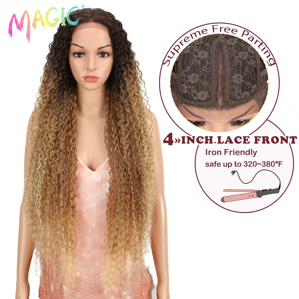 Magic Synthetic Lace Wigs 38 Inch Long Kinky Curly Wigs For Black Women Ombre Blonde Heat Resistant Hair High Temperature