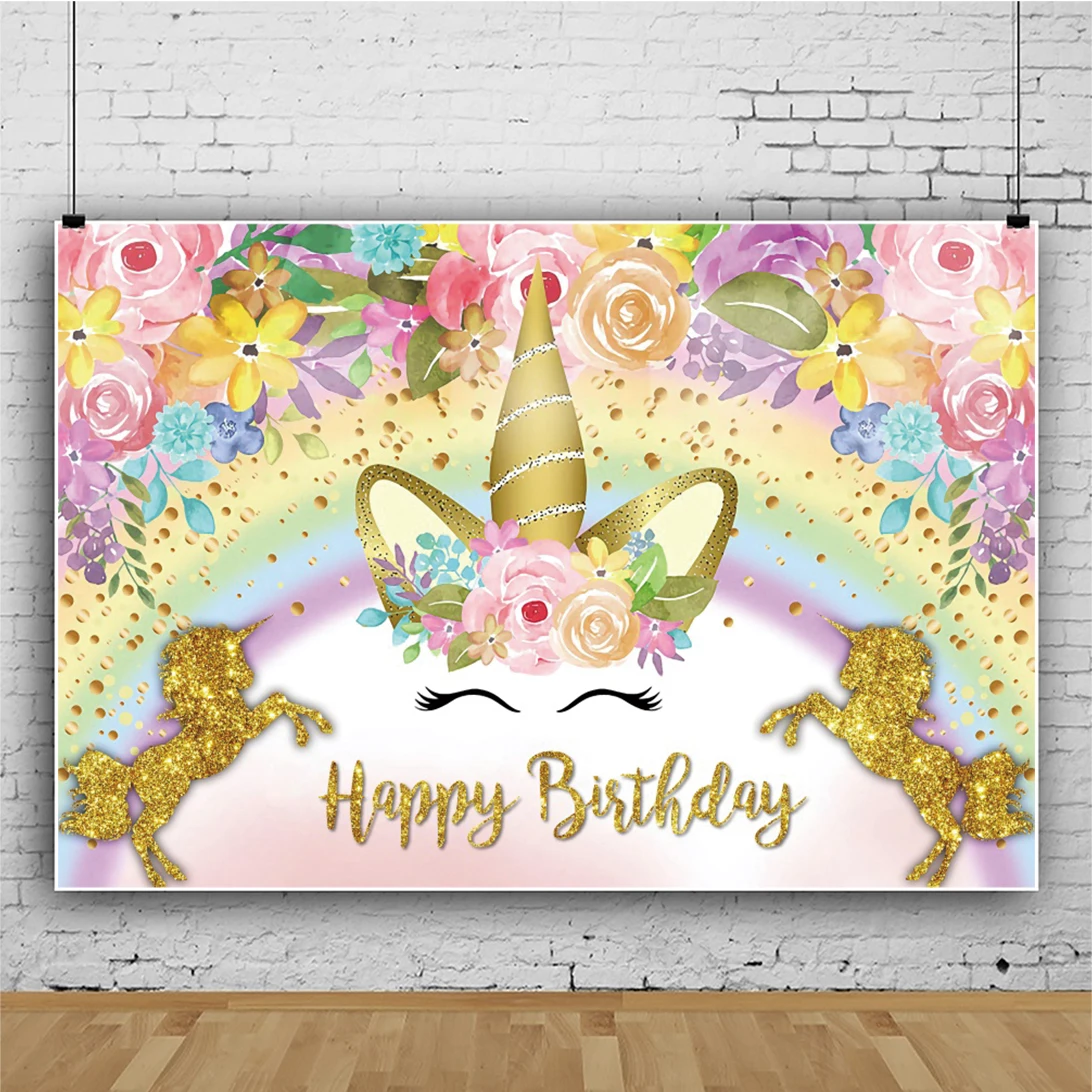 Laeacco Gold Unicorn Birthday Party Corn Flowers Dots Child Baby Celebration Customized Banner Photo Background Photo Backdrops