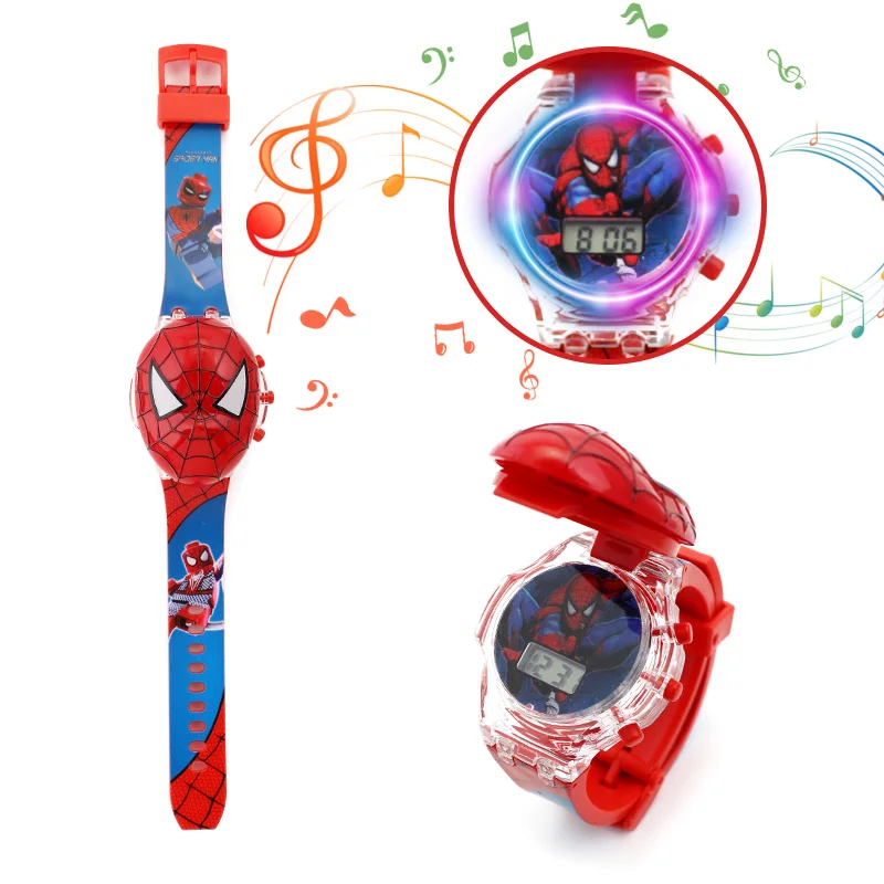 Disney Marvel Spiderman iron Man Frozen Children\'s music flashing light luminous flip watch boy girl Toy watch birthday present