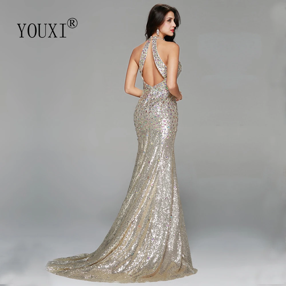 Customized Sexy Sequin Prom Dresses  Long Champagne Colorful Rhinestone Crystal Mermaid Vestidos de Fiesta Largos Gala