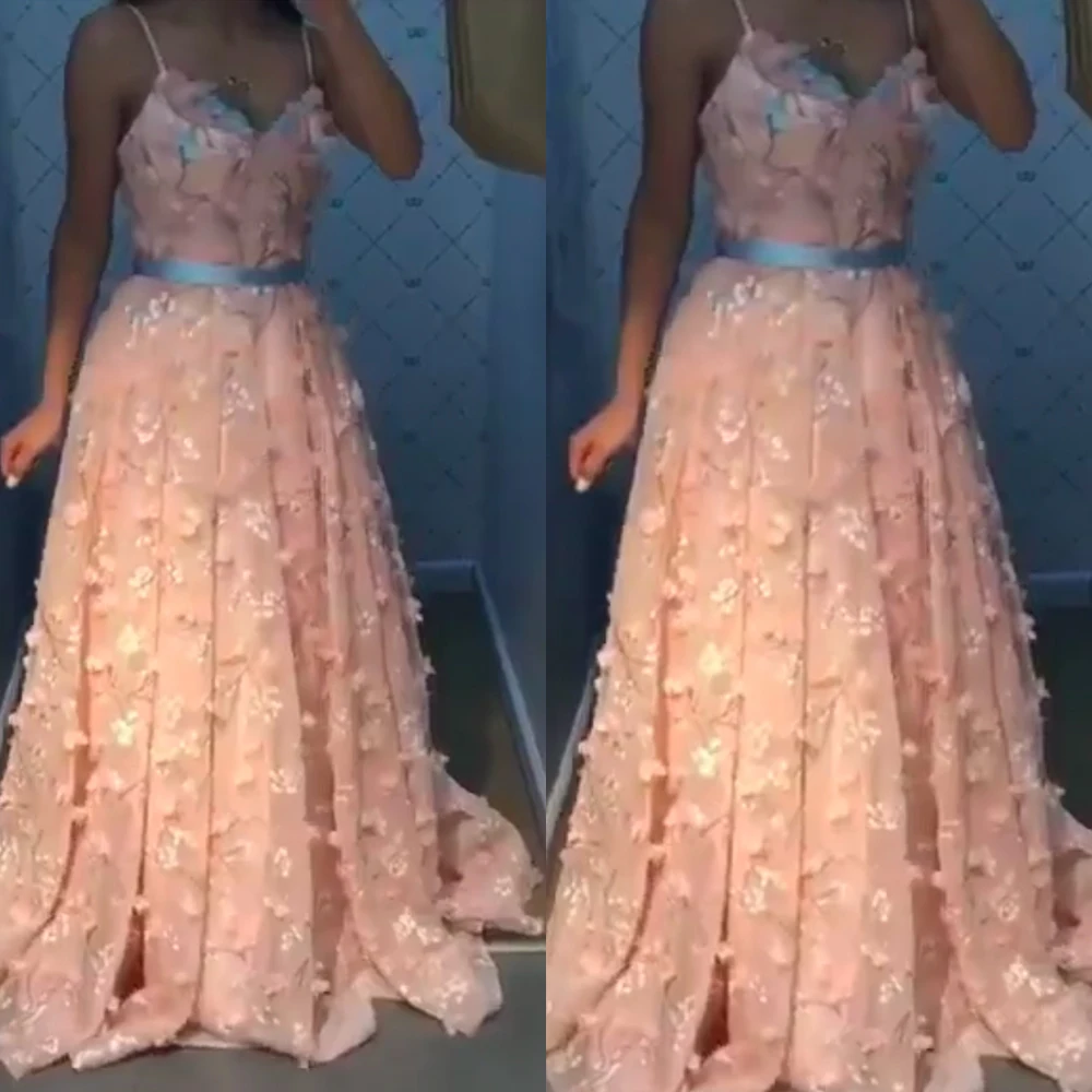 Robe de soirée de forme trapèze, tenue de bal de standing, avec décolleté en cœur, motifs floraux faits à la main, corail, 2020