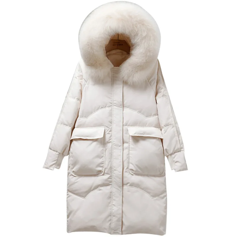 Women Down Jacket Natural Fox Fur Hooded Winter Jacket Down Coat Female Casual Solid Loose Thick Warm Parkas