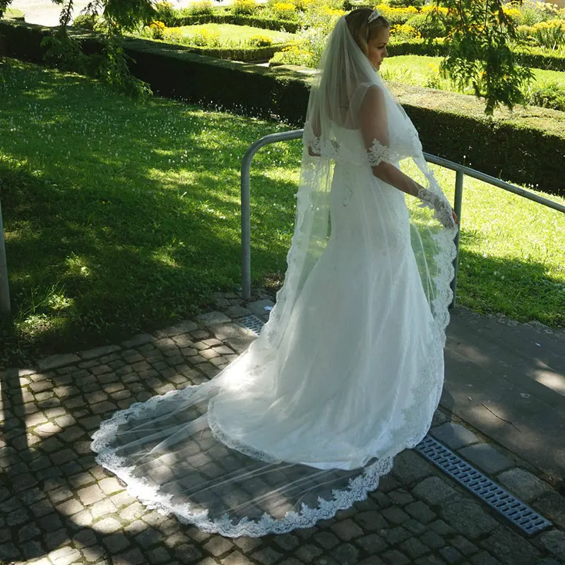 2.5M Nieuwe Wit Ivoor Wedding Veils 2 Lagen Tulle Lace Bridal Veil Applicaties Lange Wedding Veil Veu De Noiva