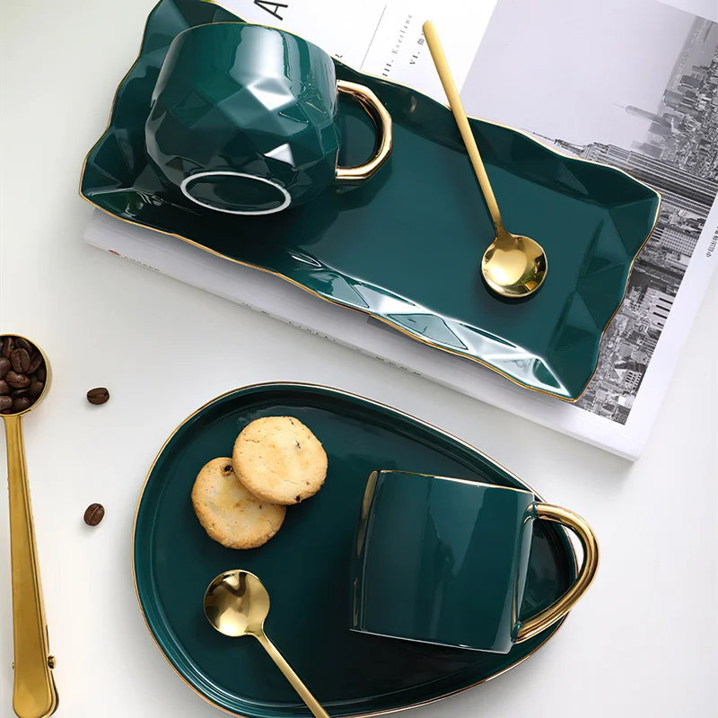 Ceramic Cup Dish Set Nordic Green Water Ware Coffee Cup Rectangular Tray Small Spoon Gift Box Home Bar Decoration Tea Cup