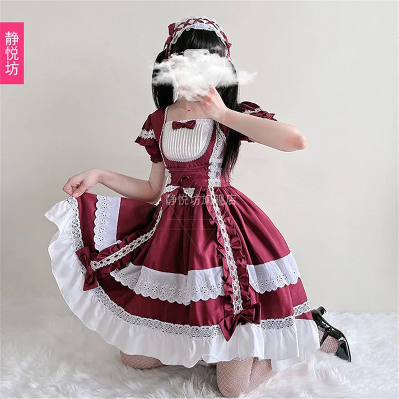 Women Lovely Maid Cosplay Costume with Removable Sleeves Bowknot Princess Tea Party Dresses Sweet Kawaii Jsk Lolita Dress