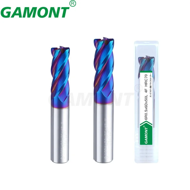 GAMONT HRC70 Blue Nano Coating Tungsten Steel 4-Flute Round Nose Milling Cutter CNC Machining Center Special Endmills Tools