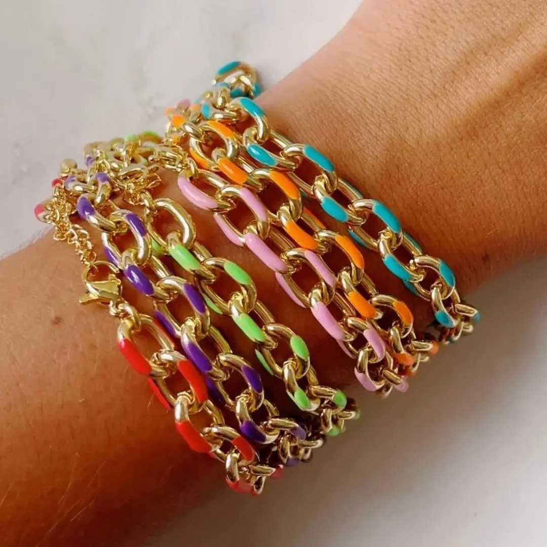 5PCS, Gold Color Neon Colorful Enamel Oval Link Chain Fashion European Women Cuban Chain Bracelet