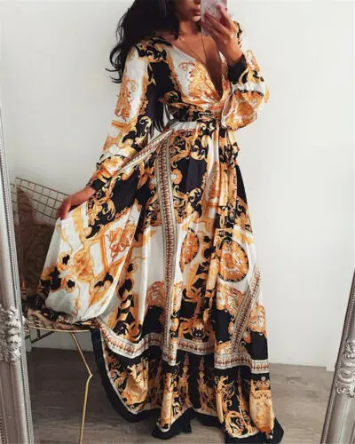 Retro Boho Vintage Kleid für Frauen Sexy Floral Print Lange Party Kleid Frauen Sexy V-ausschnitt Lange Maxi Kleider Vestidos