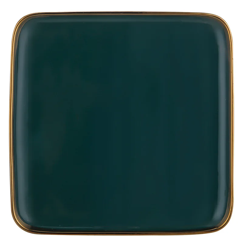 Wholesale Square Tableware Green Ceramic Dinner Plate Gold Porcelain Dessert Steak Snack Cake Plate Salad Soup Rice Bowl