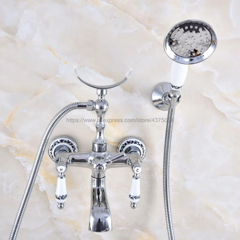 Bathtub Faucets Chrome Wall Mounted Bathtub Mixer Faucet Double Handle Tub Water Taps With Ceramic Handshower Nna707