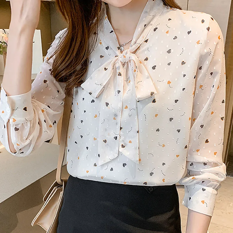 Blusa de gasa de manga larga para Mujer, camisa Floral con lazo, Tops para Mujer, ropa informal para Mujer 2021