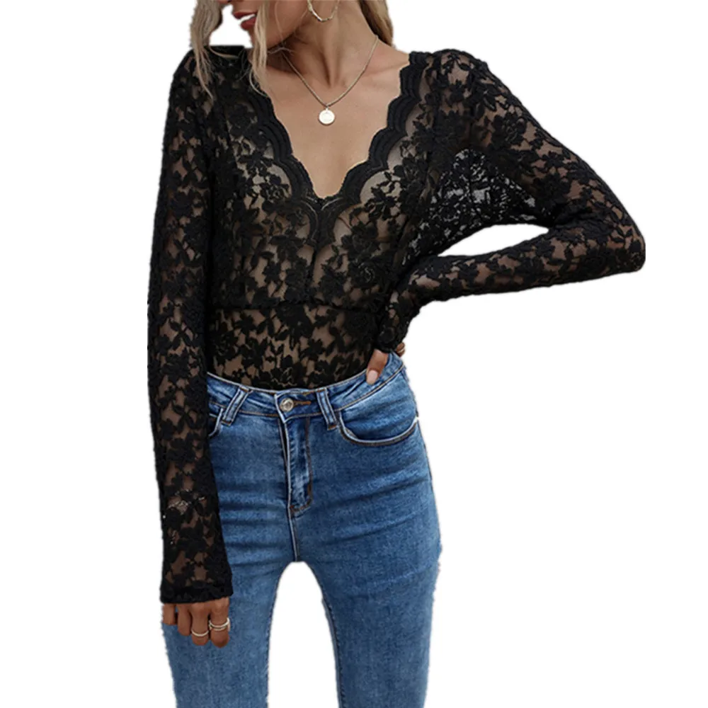 Ladies Casual Black Lace Hollow Out See-Through Top And Blouse Women Autumn Sexy V-Neck Long Sleeve Backless Tie Elegant Blouses