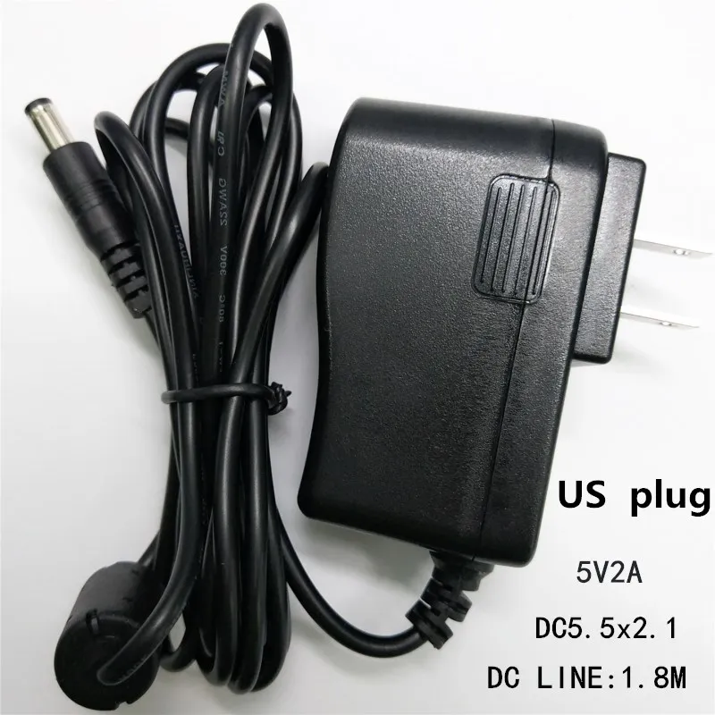 DC 5V 2A Charger Ac Adapter Us Power Supply Transformer 2.1mm*5.5mm Plug Black Line 1.8m