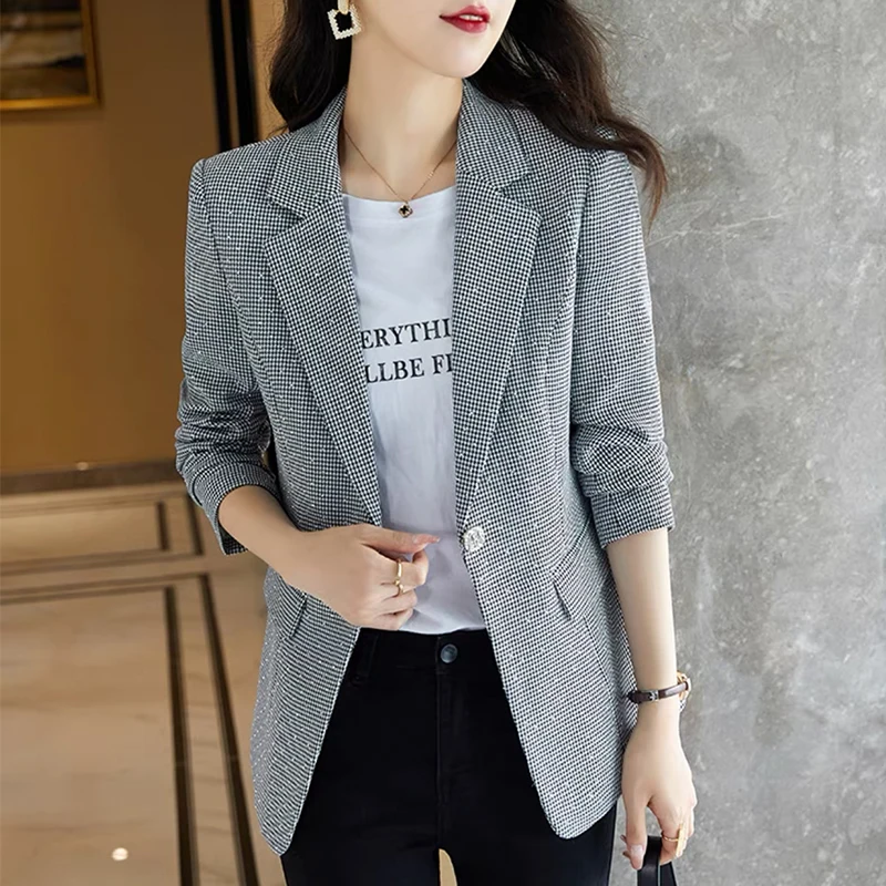 Blazer da donna a quadri autunnali bottone singolo Business Vintage elegante cappotto pied de poule capispalla da donna da ufficio Blazer Casual top