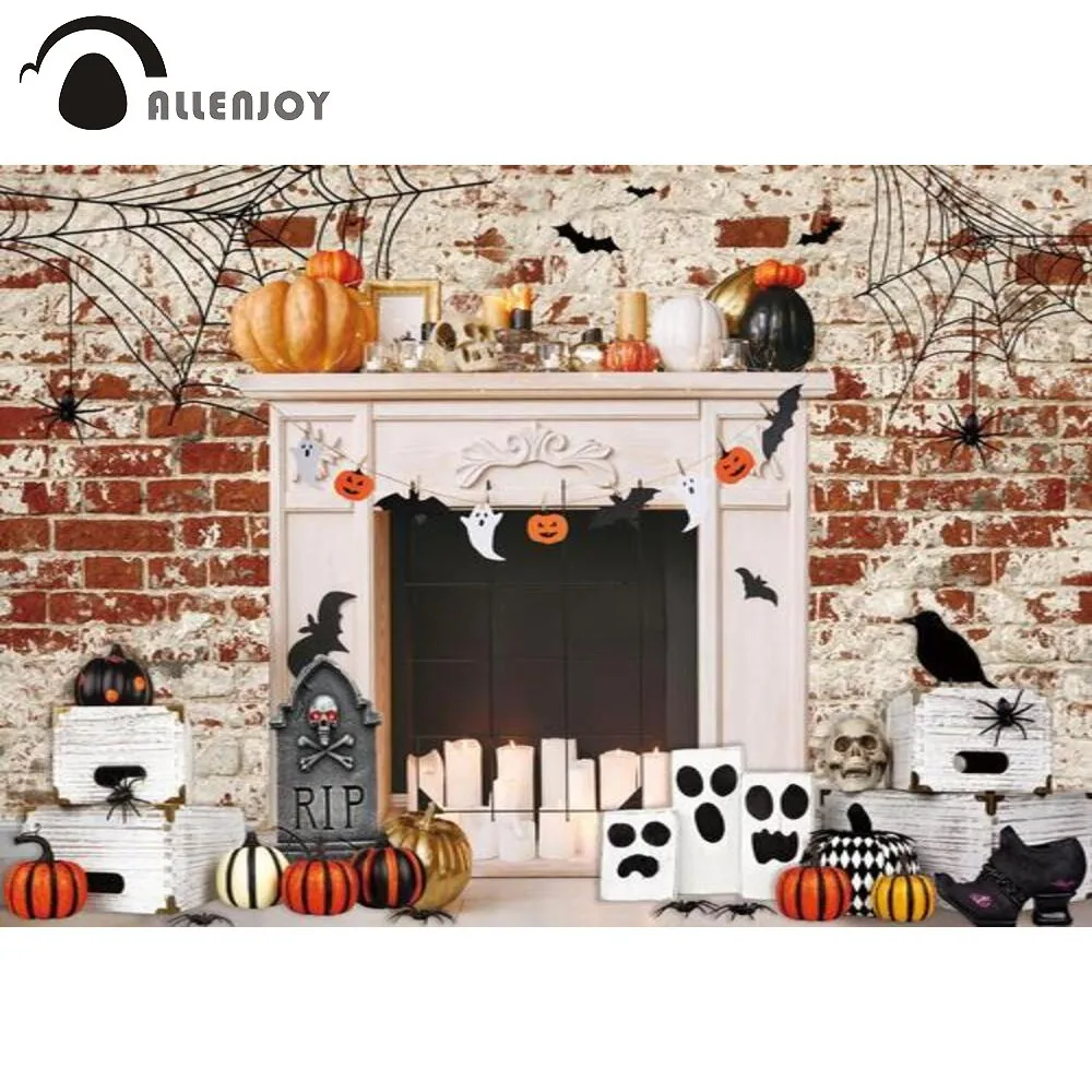 Allenjoy Halloween Decor Party Background Pumpkin Lanterns Brick Wall Spider Fireplace Candles Bats Photography Props Backdrop