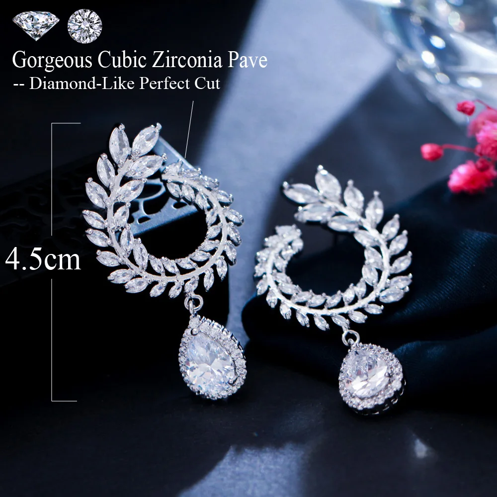 CWWZircon Elegant Olive Branch Water Drop Cubic Zirconia Earrings Fashion Bridal Wedding Party Costume Jewelry for Women CZ920