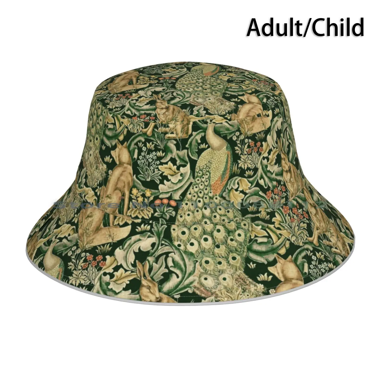 Green Forest Animals , Peacocks , Fox And Hare Bucket Hat Sun Cap Animals Rabbits Foxes Hares Peacocks Forest Plants William