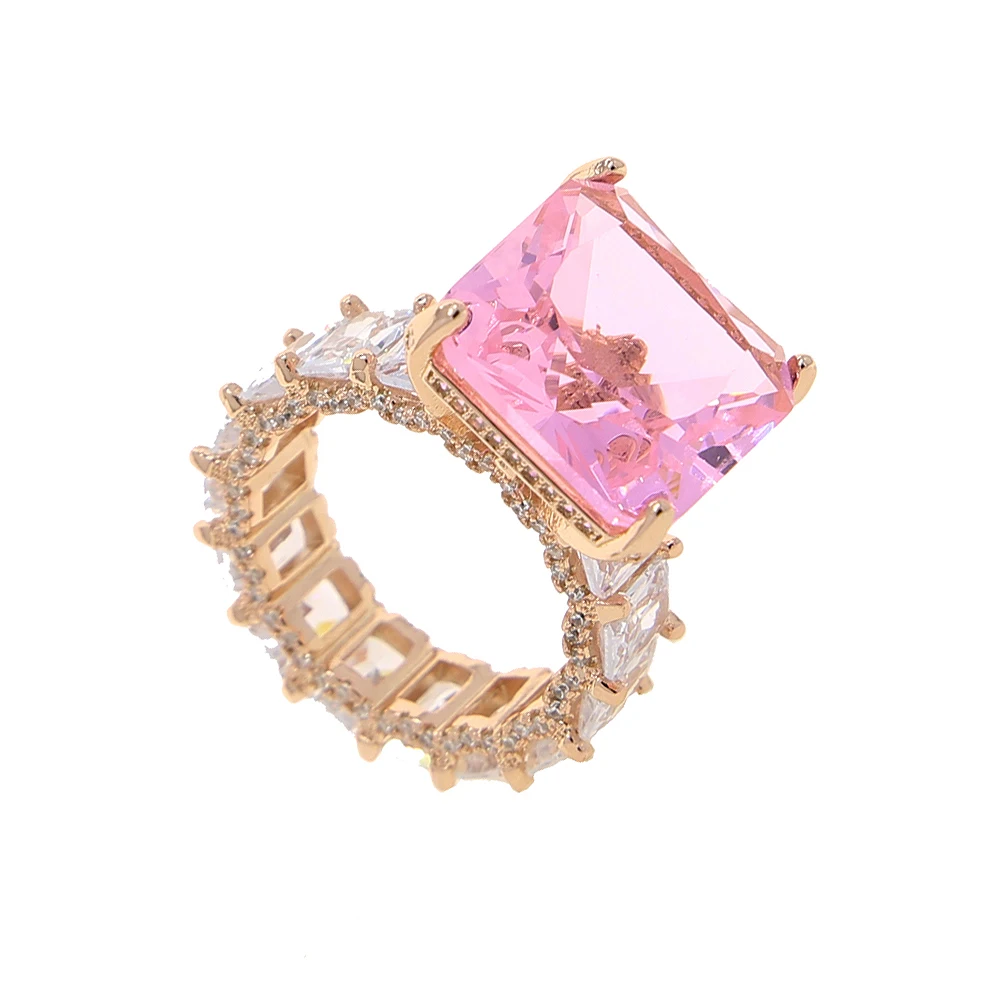 Iced Out Rose Gold Color Pink CZ Square Ring Big Cubic Zirconia Cut Engagement Wedding Band Rings For Women Men Hiphop Jewelry