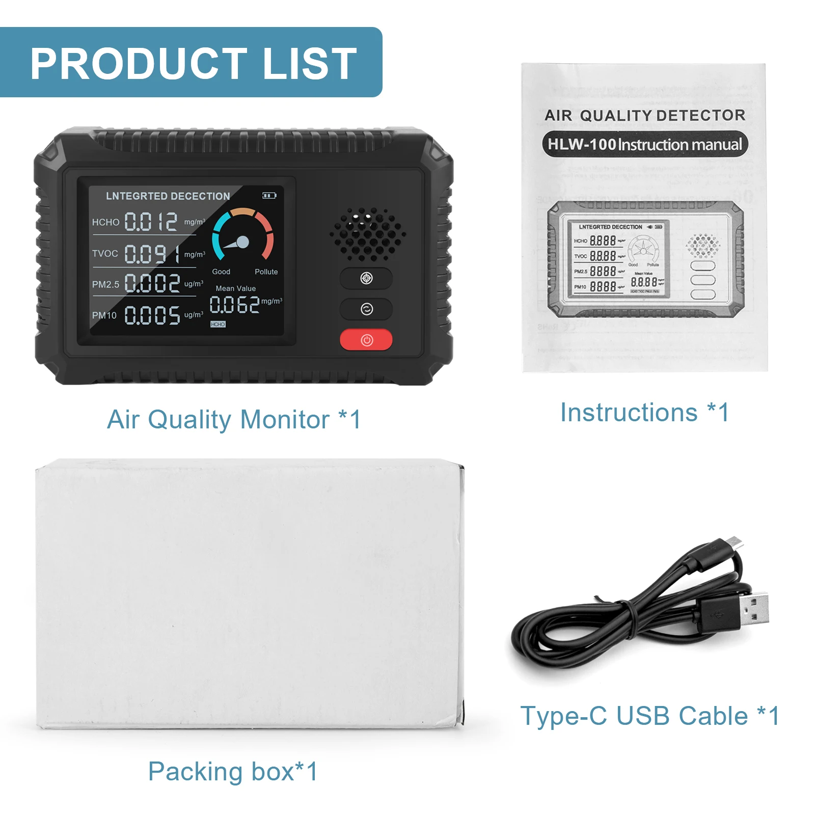 Moniteur de qualité de l\'air multifonctionnel TVOC HCHO PM2.5 PM10, détecteur de gaz, analyseur de gaz, HLW-100 de réduction pour la maison et le