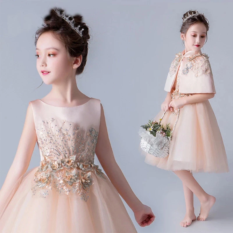 

Flower Girl Dresses for Weddings High Collar Sleeveless Kids Party Communion Gowns Appliques Sequined Shawl Princess Dress