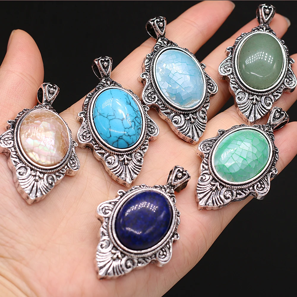 Natural Stone Amethysts Cabochon Oval Bead Pendant Vintage Alloy Abalone Shell Charms for Jewelry Making DIY Necklace Fine Gift