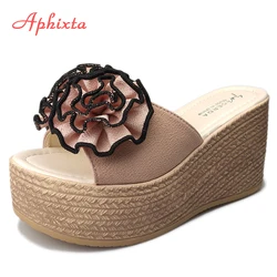 Aphixta Flower Wedge Heels Slippers Women 9cm Cow Suede Bow Women Mulers Female 4cm Platform Sandals Clog Shoes Slides Women