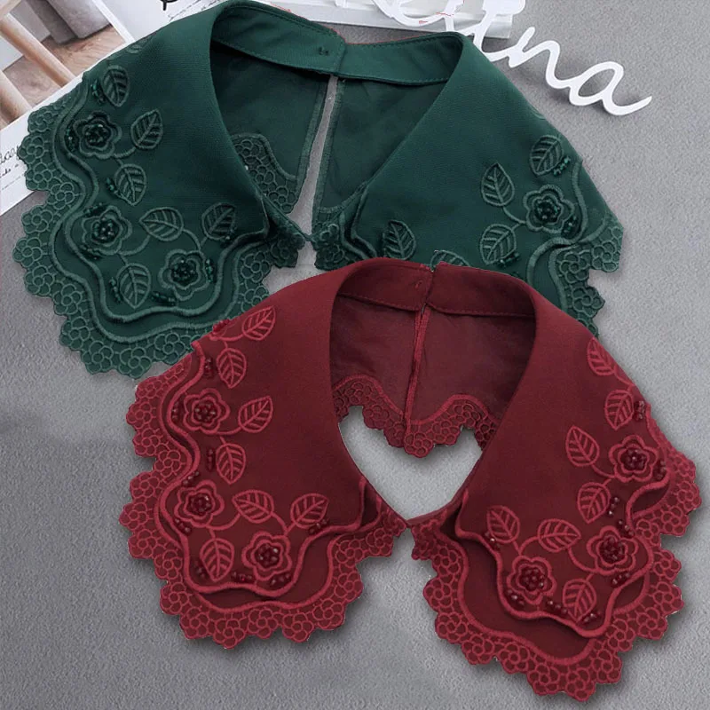 Embrodiery Neckline Collar Cover Lace Flower Bead Peter Pan Fake Collar Women Detachable Collars Removable Lapel False Faux Col