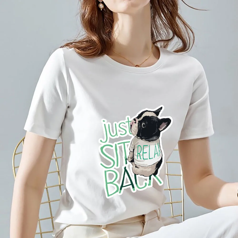 

T-shirt Women Casual Street Fashion Self-cultivation Commuter Cute Dog Pattern Printing O-neck Ladies Breathable Soft White Top