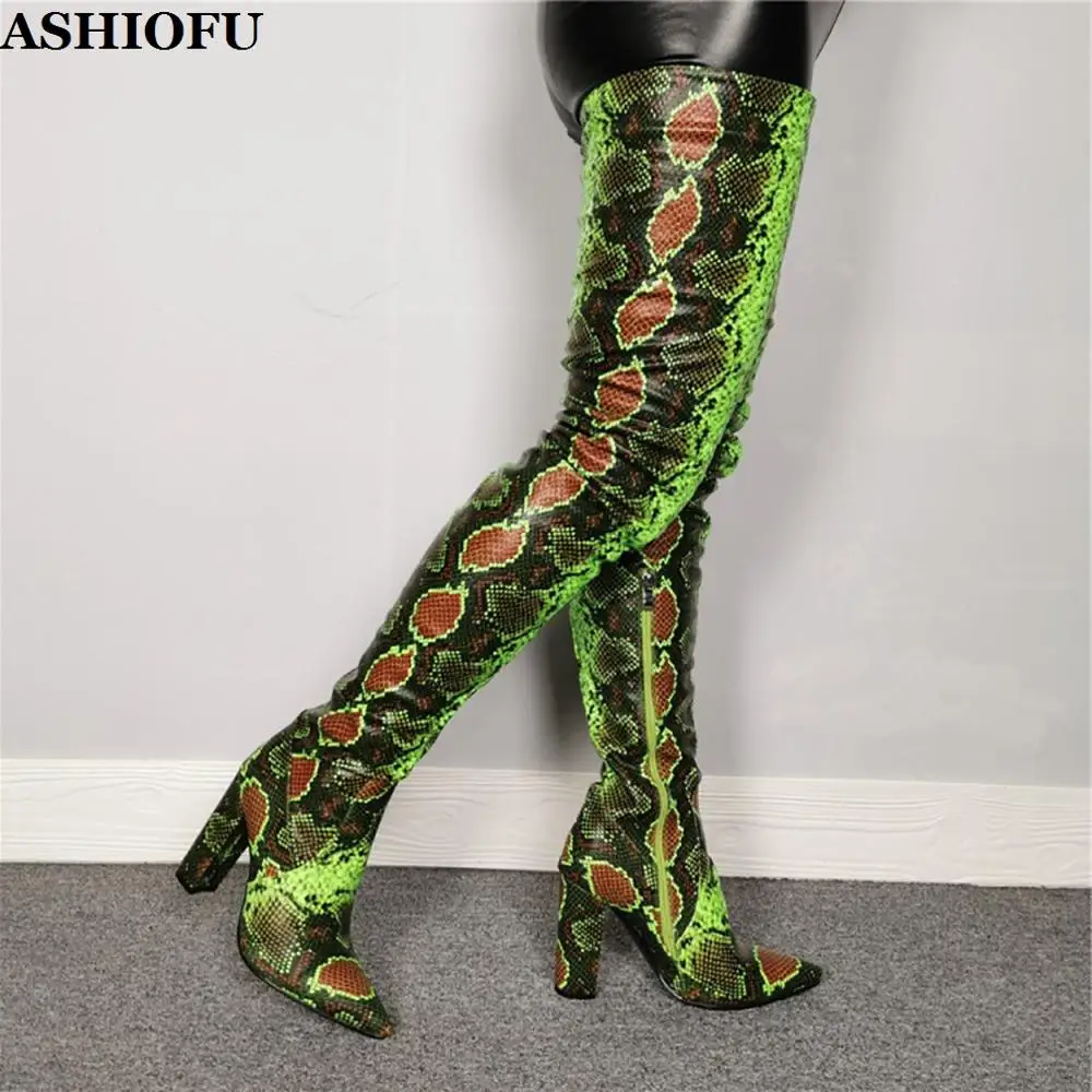 

ASHIOFU New Handmade Women Chunky Heel Over Knee Boots Faux-leather Sexy Club Party Thigh High Boots Evening Dating Boots Shoes