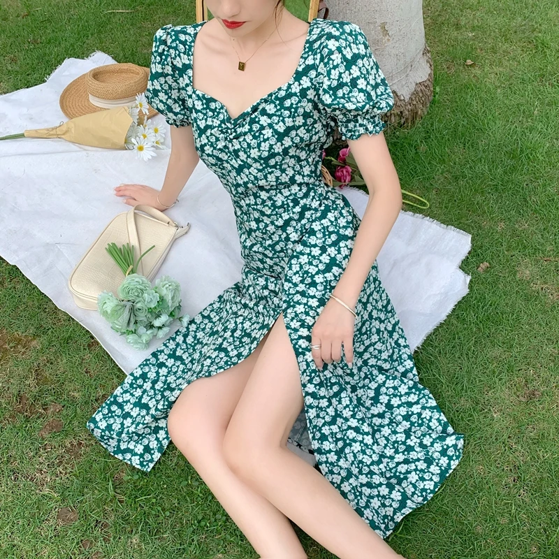 Women Short Sleeve Dresses V-neck Green Floral Printed Side-slit Elegant Female Holiday Fashion Dress Summer New Vintage Ulzzang