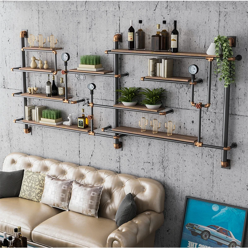 Iron Art Wall Decoration Creative Red Wine Rack New Design Wall Shelf Retro Bookshelf Water Pipe Diaphragm Wall Hanger