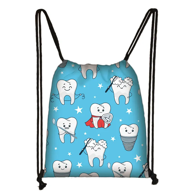 Teeth and Tooth Fairy Print Backpack Women Drawstring Bag Dental Hygienist Girls Storage Bags for Travel Bookbag Shoes Holder