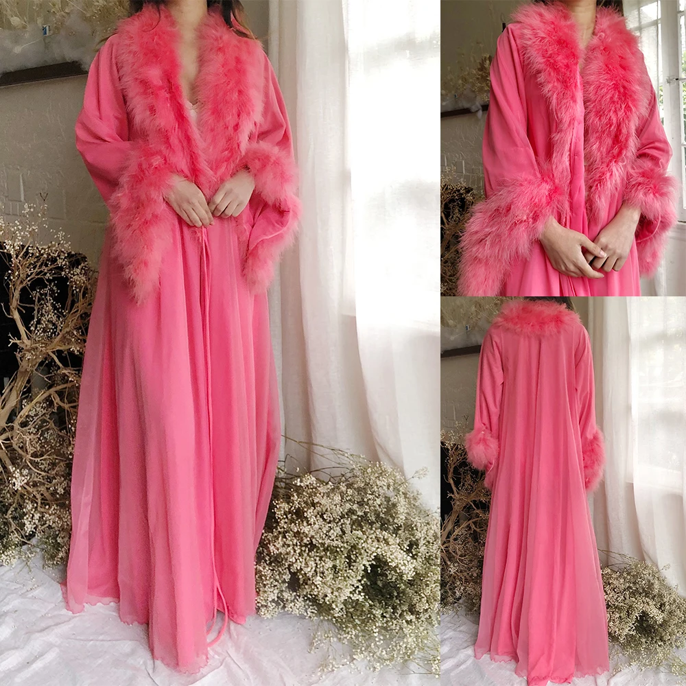 Pink Fur Chiffon Long Sleeve Women Winter Sexy Kimono Pregnant Party Sleepwear Women Bathrobe Sheer Nightgown Robe Shawel