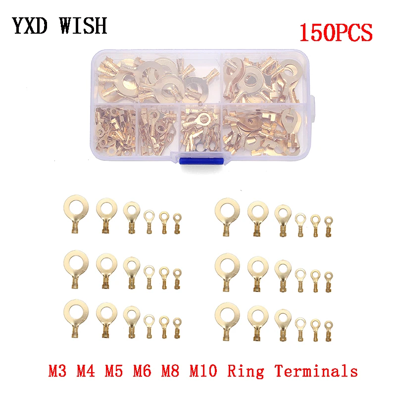 150PCS M3/M4/M5/M6/M8/M10 Ring Lugs Ring Eyes Copper Crimp Terminals Cable Lug Wire Connector Non-insulated Diy Assortment Kit