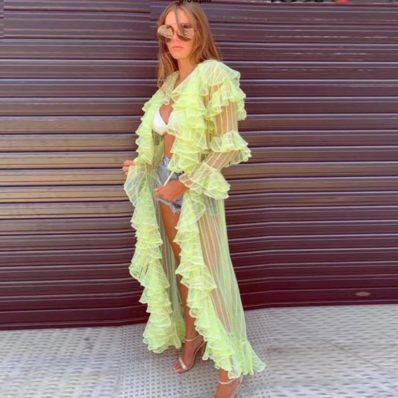 

2020 Fashion Pretty Neon Green Ruffle Tulle Shirts Elegant Full Sleeves Tiered Tulle Women Summer Formal Party Tops Custom
