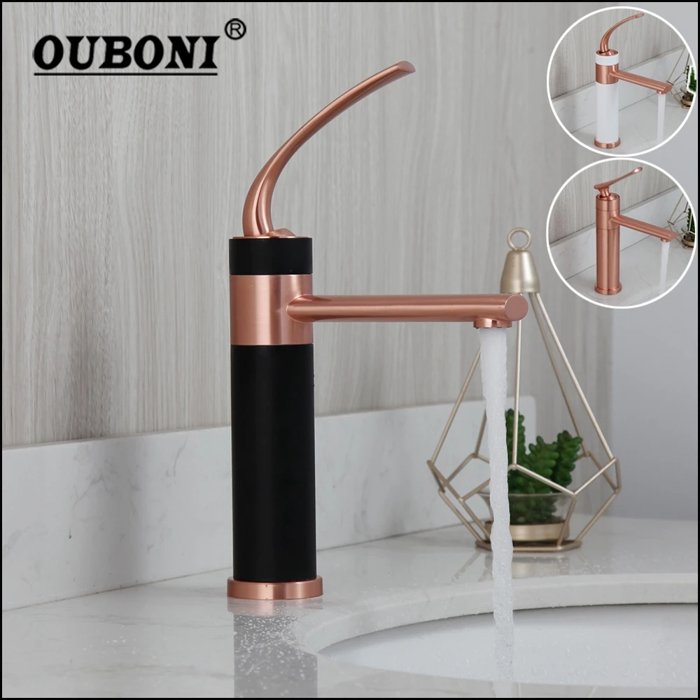 

OUBONI Unique Bathroom Faucet Wash Basin Sink Tap Rose Golden Steam Spout Deck Mounted Solid Brass Matte Black Mixer Tap Faucet