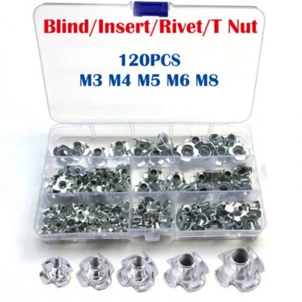 

120pcs M3 M4 M5 M6 M8 Zinc Plated Four Claws Nut Speaker Nut T-nut Blind Pronged Tee Nut Furniture Hardware