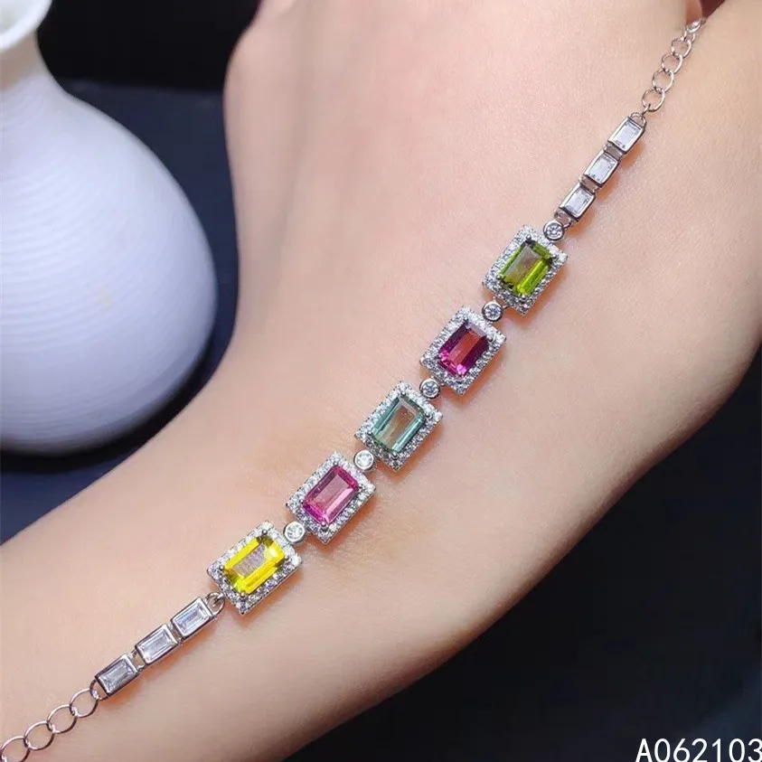 KJJEAXCMY fine jewelry 925 sterling silver inlaid natural tourmaline Women's trendy elegant square gem hand bracelet support tes