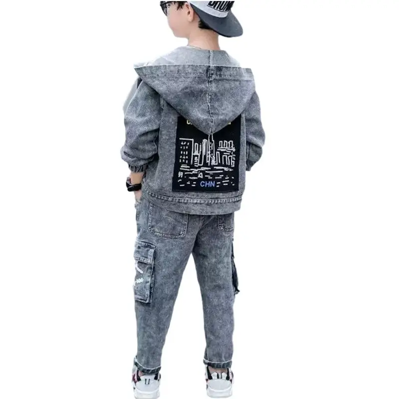 Boys spring and autumn denim suit new big boy Korean version of the trend of two-piece fashion jacket + pants 2-piece set