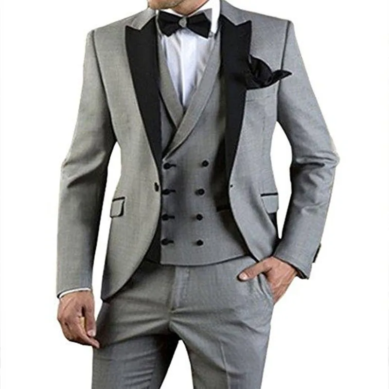 Popular Groom Tuxedos One Button Light Grey Peak Lapel Groomsmen Best Man Suit Wedding Mens Suits (Jacket+Pants+Vest)1118