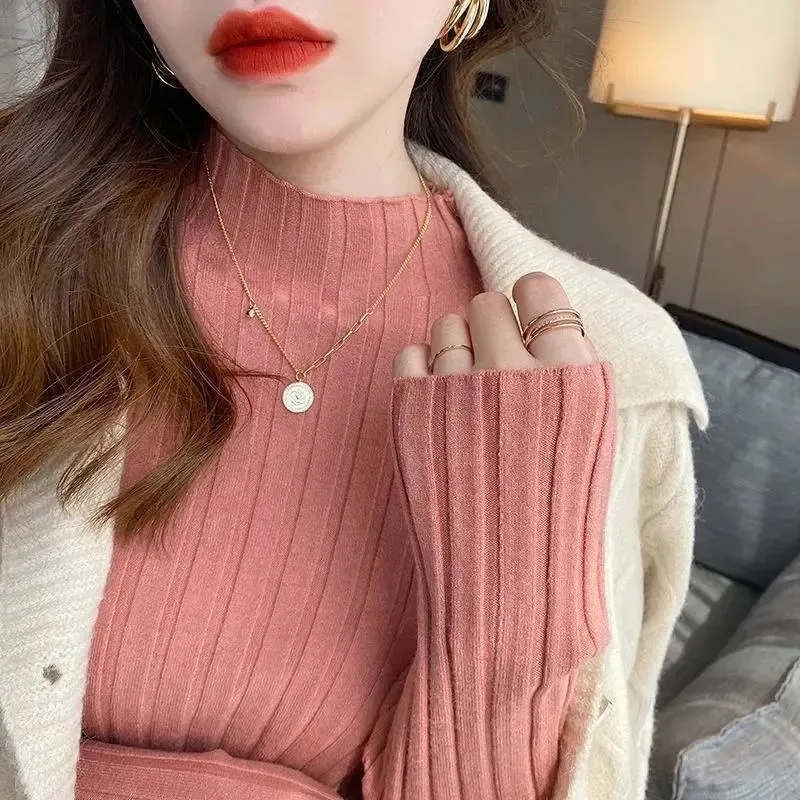 Pullover Ribbed Knitted Sweater Autumn Winter Clothes Women 2021 High Neck Long Sleeve Slim Basic Woman Sweaters Tops