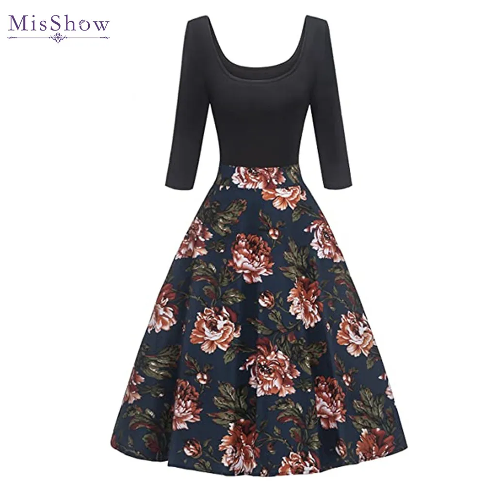 Misshow Plus Size 50s 60s Vintage Retro Rockabilly Dress Women Floral Print Half Sleeve Wide O Neck Elastic Female Summer Dress