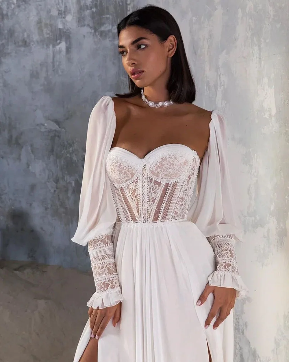 Sevintage Boho High Side Split Wedding Dresses Lace Appliques Puff Sleeves Sweetheart A-Line Bridal Dress Lace-up Bride Gowns