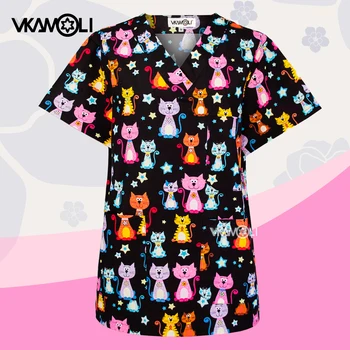 Camisetas con estampado de gatos para mujer, uniforme de enfermería, 100% algodón, Unisex