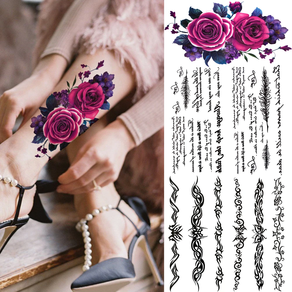 Vintage Violet Rose Large Temporary Tattoos For Women Adults Quotes Fake Face Tattoo Sticker Realistic Thorns Waterproof Tatoos