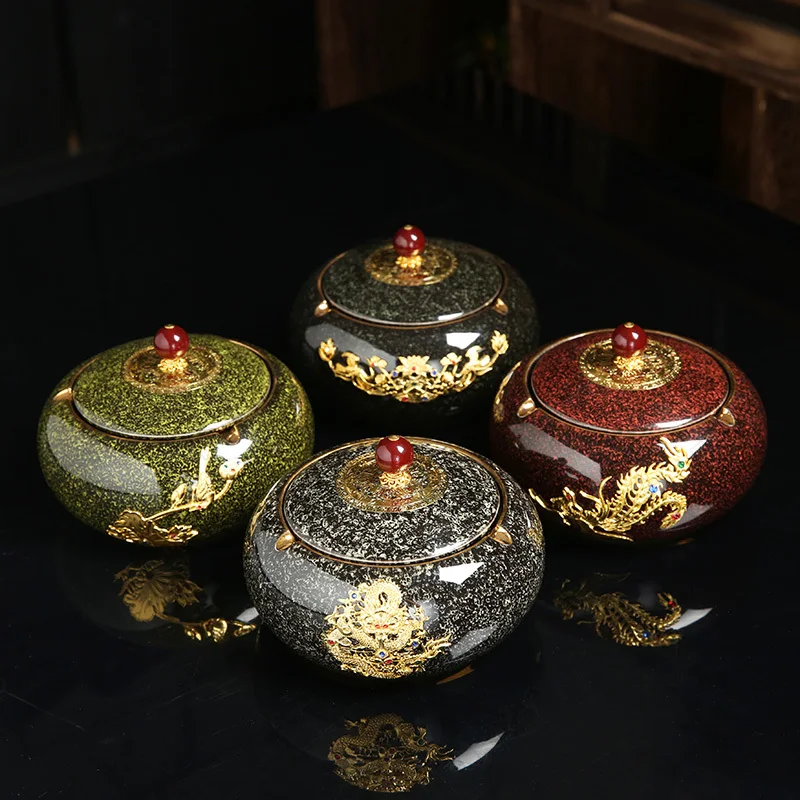 Kiln Change Vintage Tea Container Chinese Auspicious Animal Inlaid with Gold Silver Ceramic Sealed Tin Cans Portable Storage Jar