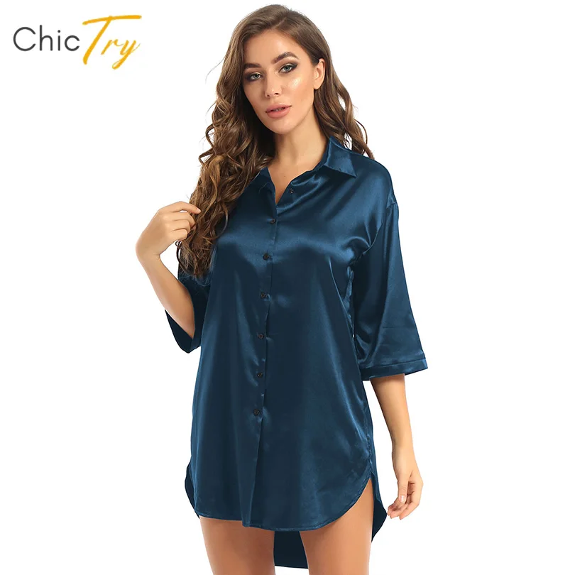 Elegant Women Satin Pajamas Sexy Onesie Polo Shirts Top Nightshirt Buttons Down Night Gown Dress Solid Ice Silk Robe Shirt Sleep